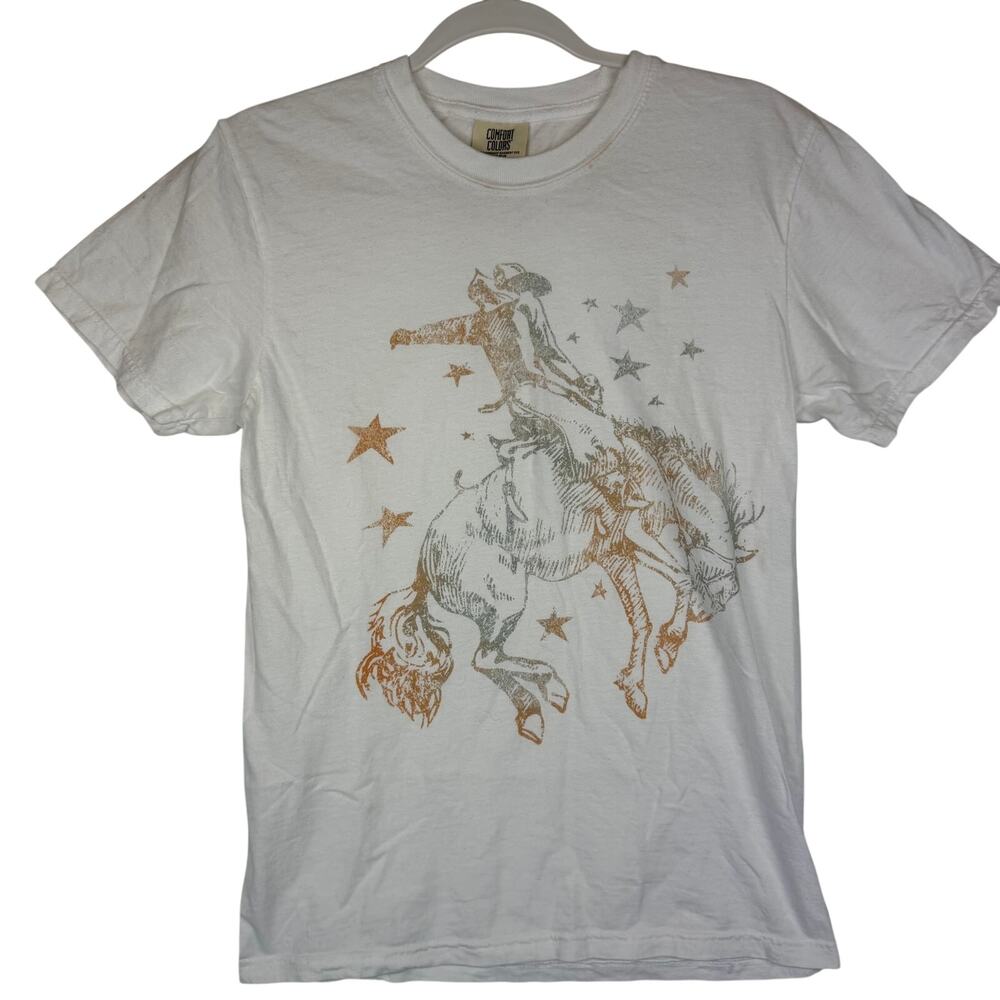 Comfort Colors Cowboy Horse Graphic‎ Tee Size S White Western Rodeo Stars